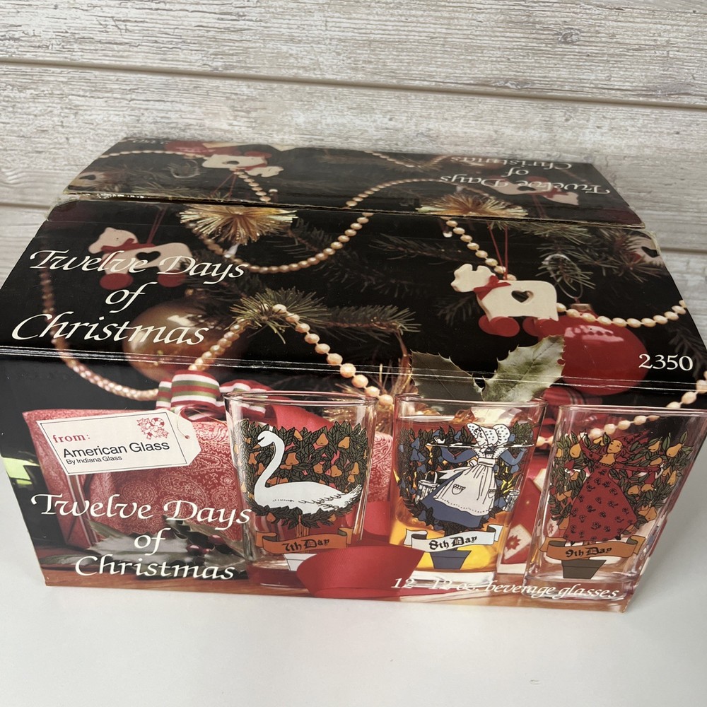 VTG Indiana Glass Twelve Days of Christmas 12oz Set Of 12 Glasses Tumbler In Box