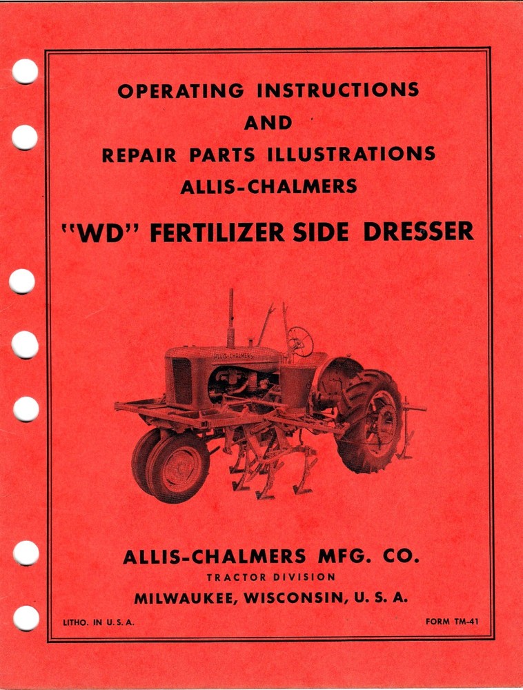 Allis Chalmers WD Fertilizer Side Dresser Manual with Parts Guide kpc1