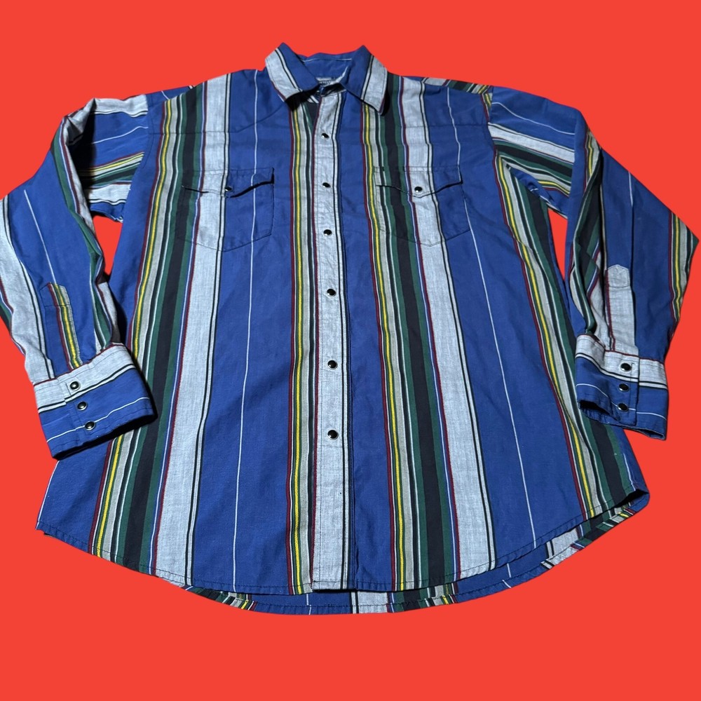 Wrangler Long Sleeve Pearl Snap Up Shirt Western Striped Blue Medium Colorful