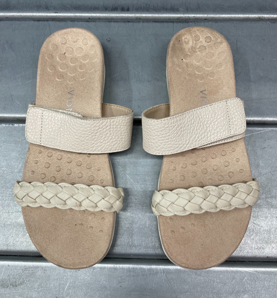 Vionic Jeanne Sandals Womens Size 9 Beige Leather Braided Strap Slip On Comfort