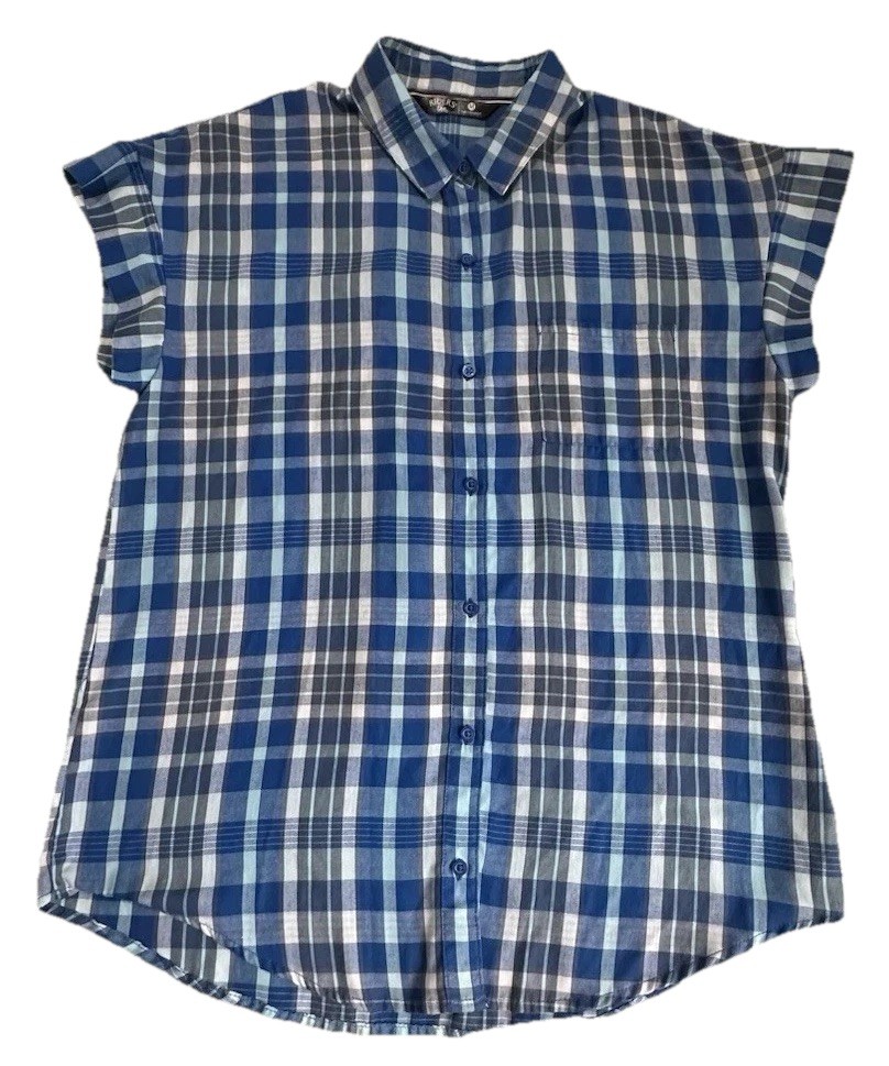 Riders By Lee Top Blue Plaid Button Up Front Shoulder Sleeve Pocket Sz Medium