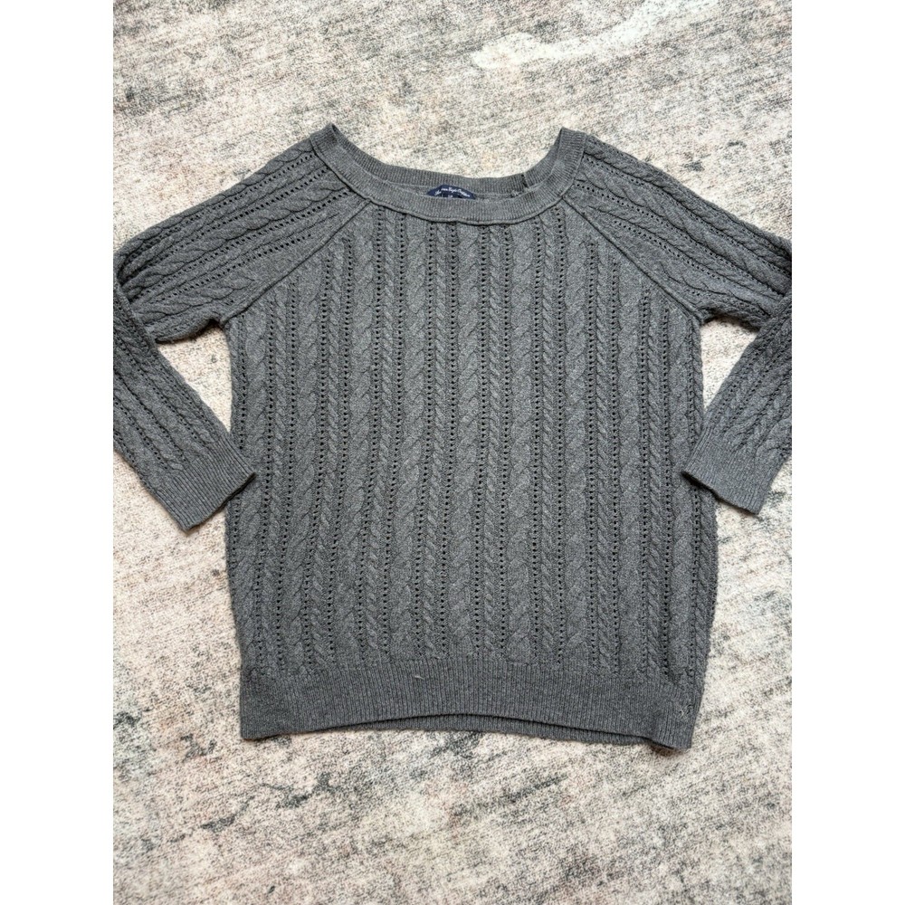 American Eagle AEO Womens Small Pullover Sweater Open Cable Knit Grunge Gray