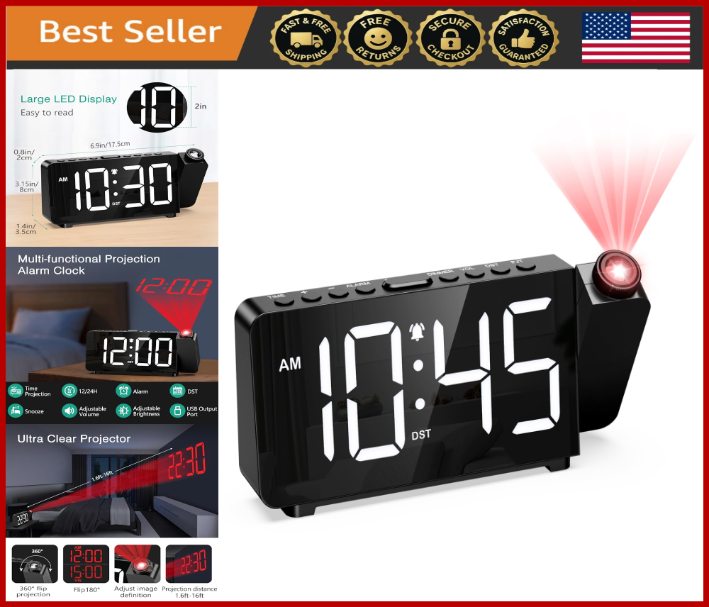 180° Projection Alarm Clock with Large LED Display & Adjustable Brightness