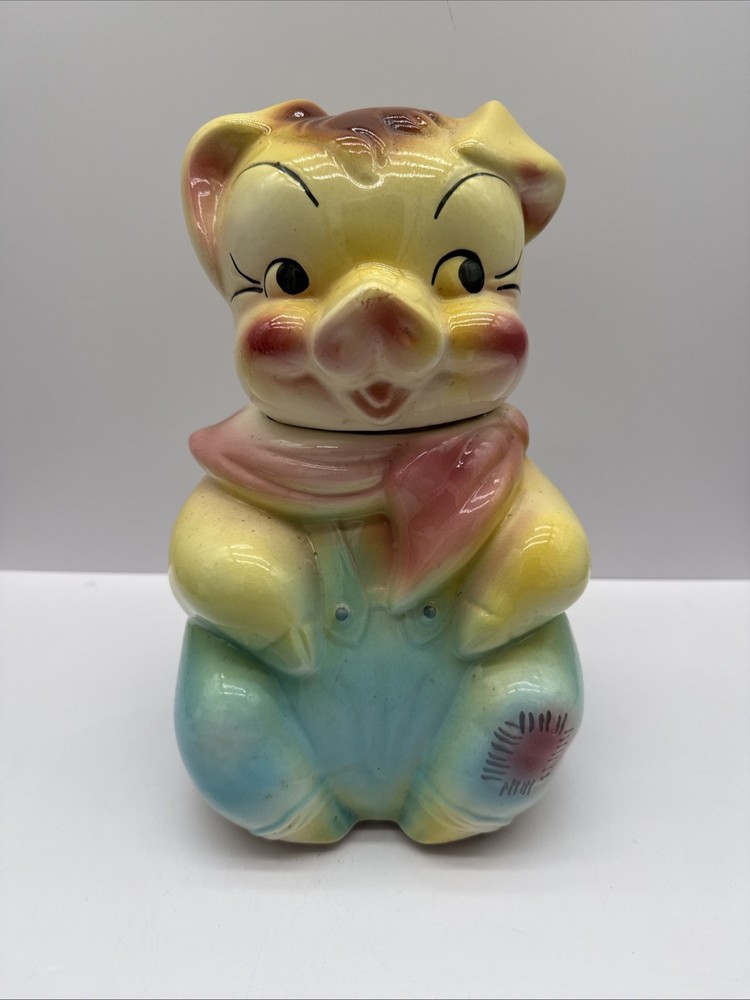 Vintage American Bisque Pig With Overalls Ceramic Cookie Jar 1950's