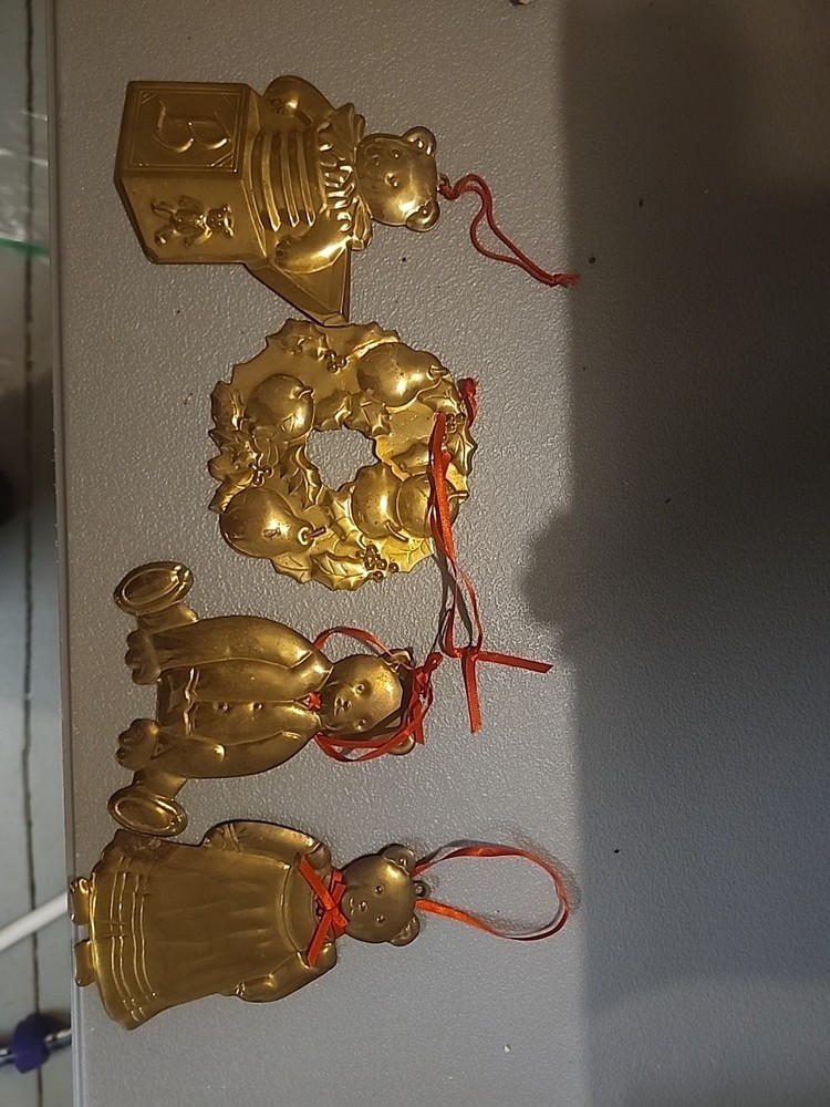 Vintage Flat Brass Christmas Ornaments Lot Of 4