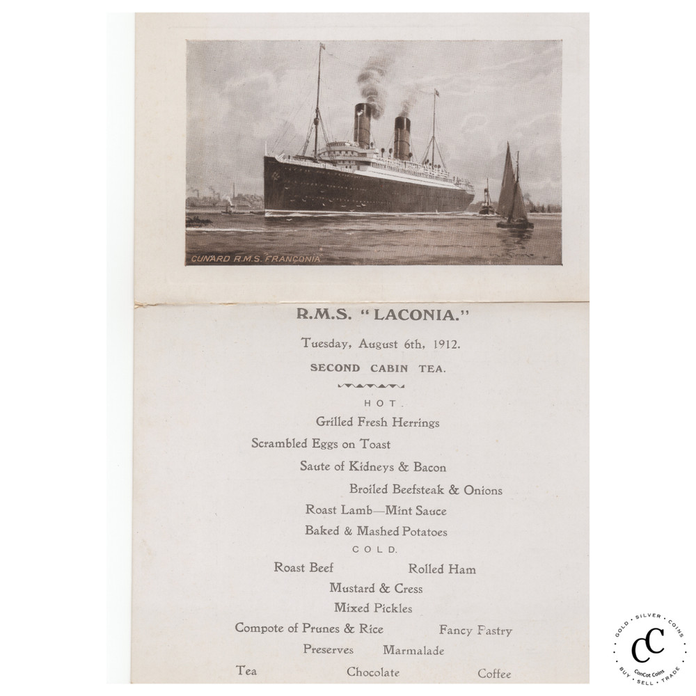 1912 RMS Laconia Cunard Line Second Cabin Tea Menu + Wine List + Postcard