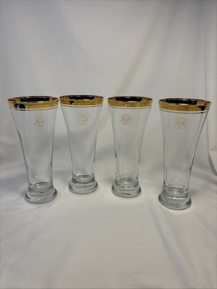Set Of 4 Vintage Pasabahce Circle Pilsner Glass Gold Rim Beer Water Turkey MCM