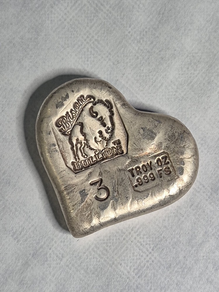 🔥 3 oz Hand Poured Silver Heart ❤️ Bison Bullion Stamped .999 Silver