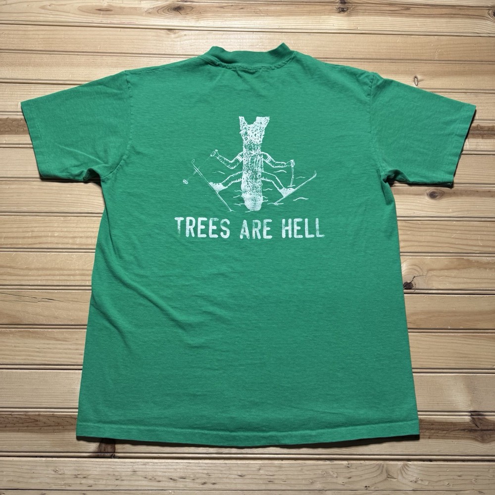Vintage 80s Funny Skiing - Trees Are Hell - Outdoor Humor Cartoon Shirt - Large