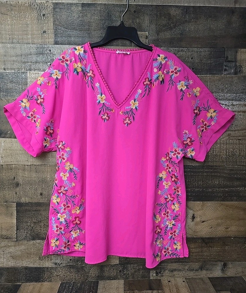 Women Embroidered Boho Top Size 2X Pink Fairy Cottagecore Maximalist