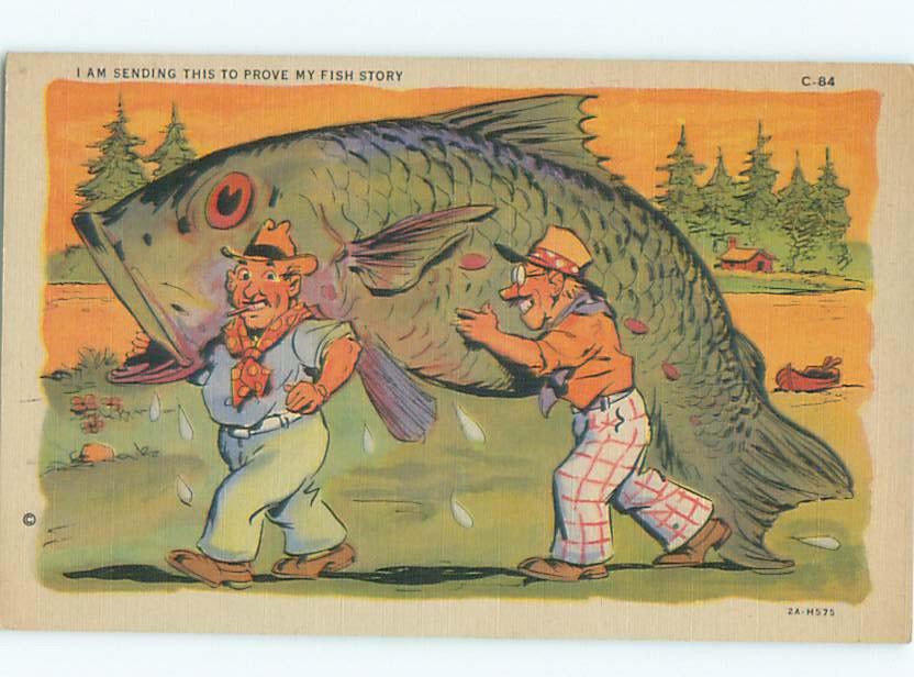 Linen Comic fishing exaggeration FISHERMEN CATCH HUGE FISH : clearance AC0084