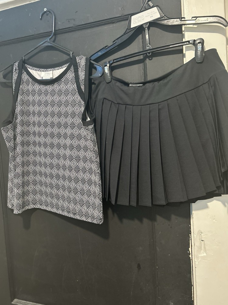 Sigrid Olsen Women's 2-Piece Outfit Set Geometric Tank & Black Pleated Skirt M