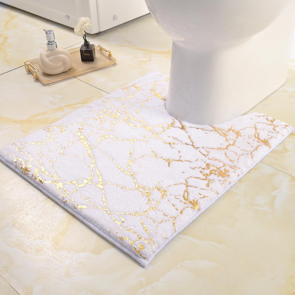 U Shaped White and Gold Toilet Rug with Elegant Gold Decor Bathroom Mat