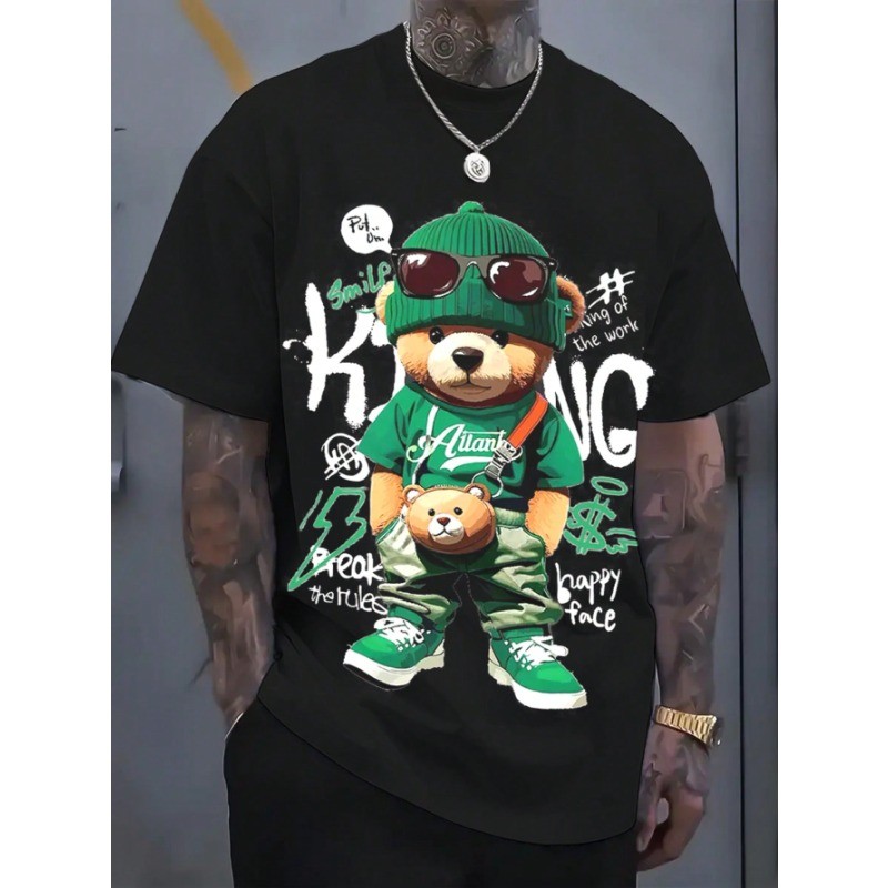 Punk Bear 3D Digital Print Cartoon Bear Pattern Men's T-Shirt Pullover Top