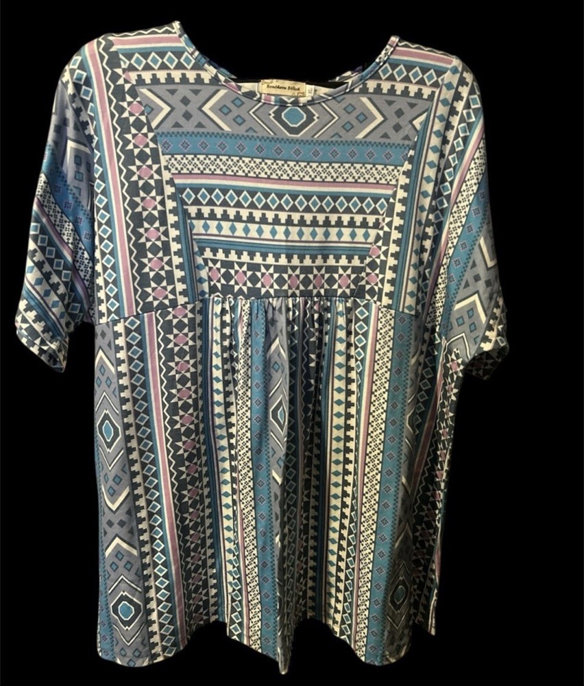Southern Stitch Women XL Aztec Print Short Sleeve Blouse Southwestern Boho