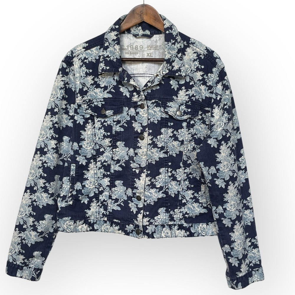 Gap 1969 Floral Denim Jacket Women Size XL Blue Flap Pockets Snap Button Front
