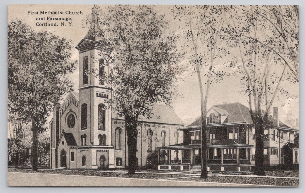 First Methodist Church & Parsonage Cortland NY Vintage Postcard
