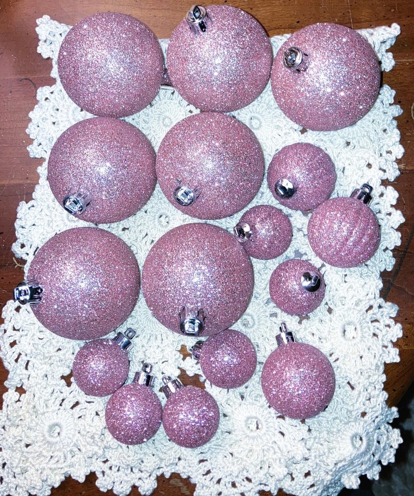 Deep Pink Mauve Christmas Ornaments Round All Glitter Tree Decorations Set of 16