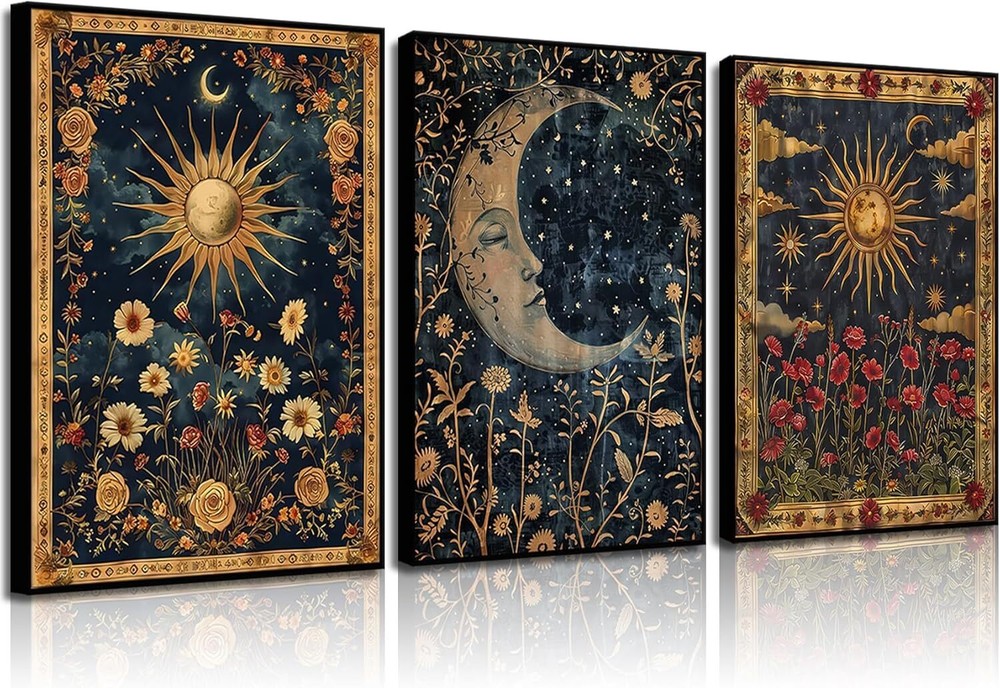 3Pcs Sun Moon Celestial Canvas Wall Art Gothic Tarot Crescent Decor