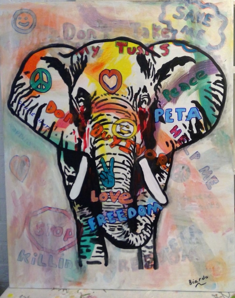 Elephant Graffiti Poster Style  Pop Art Original  Signed Abstract Painting 24x30-image
