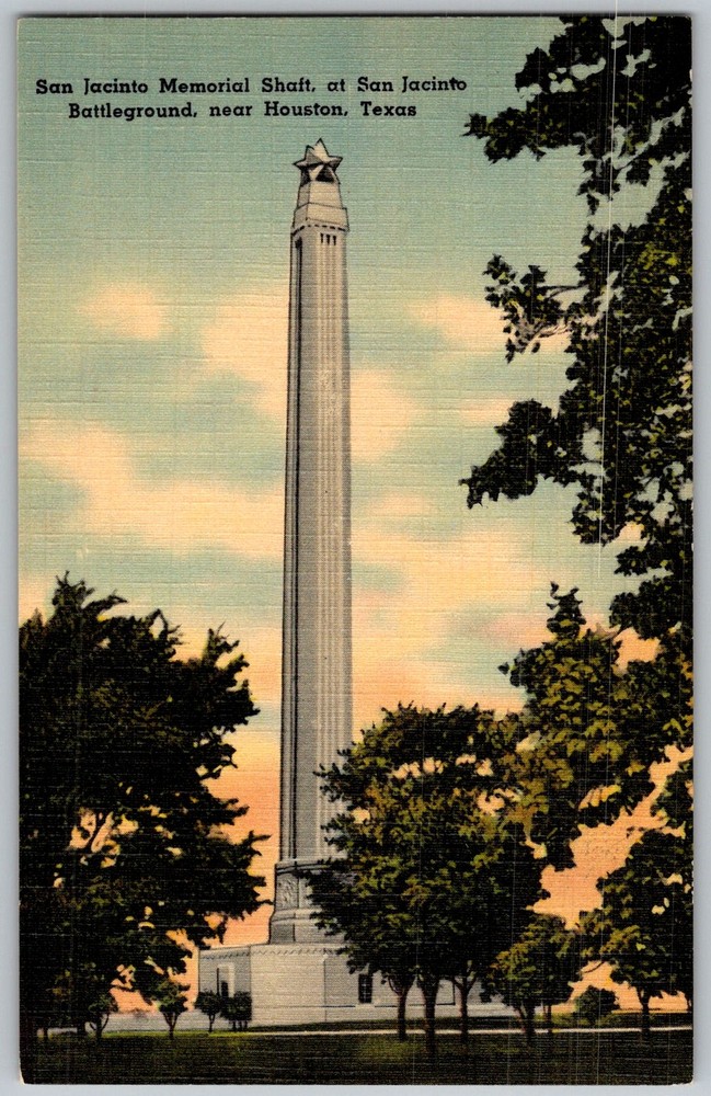 Vtg Linen Postcard San Jacinto Memorial Shaft Houston, TX 1930s