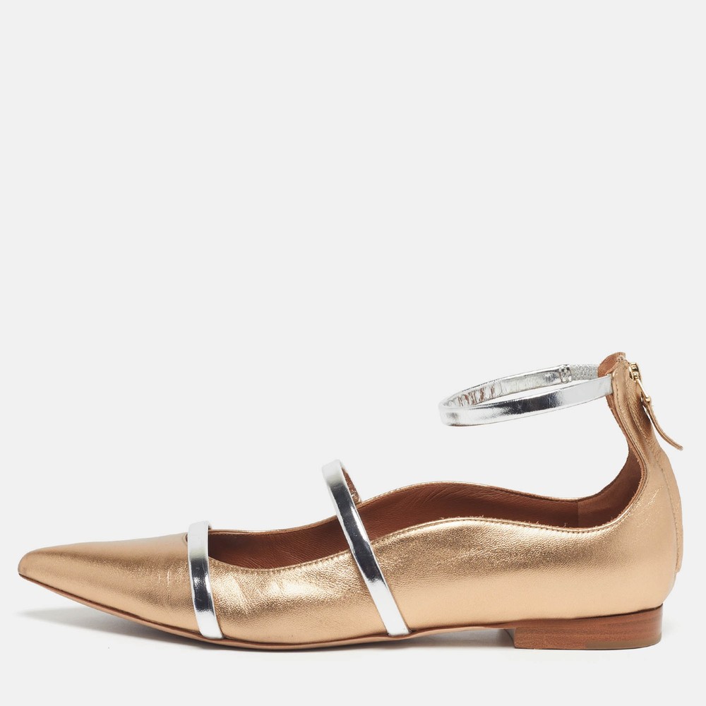 Malone Souliers Maureen Size 38 GoldSilver Leather Ankle Strap Ballet Flats