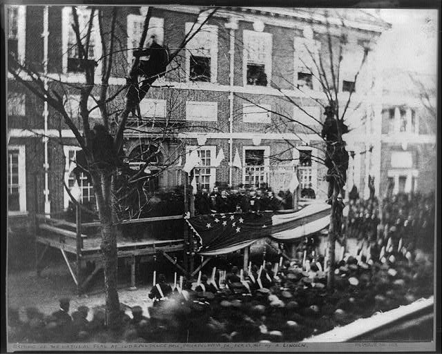 Presidentelect Abraham Lincoln raising flag Independence Hall Philadelphia