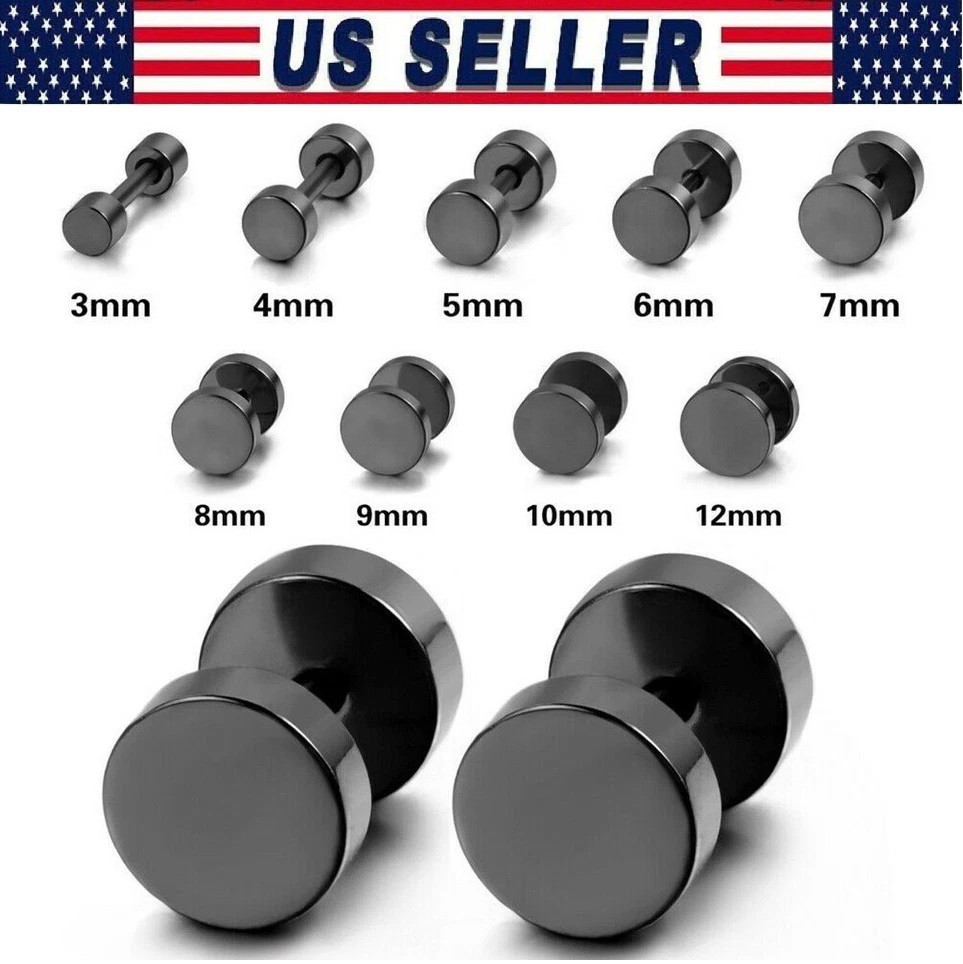 2× Men Black Stud Earrings Faux Gauges Ear Tunnel Stainless Steel Earrings Women