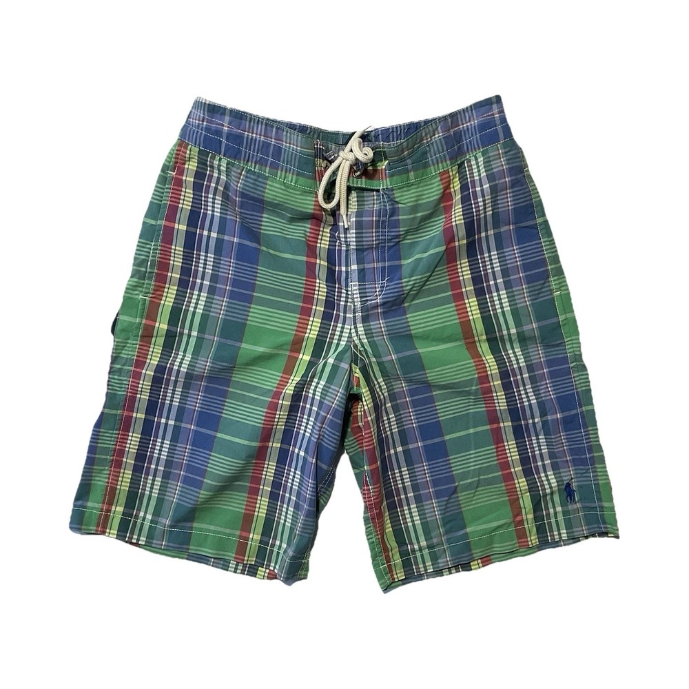 Polo Ralph Lauren Boys Plaid Swim Trunks L (14-16) Green Blue Lined Pockets