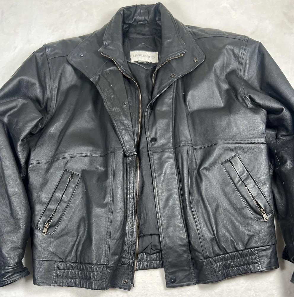 Charles Klein Jacket Mens Large Tall Black Leather Bomber Zip Pockets Lined