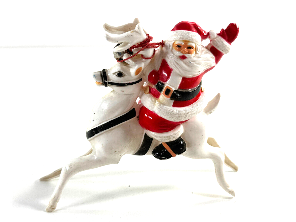 vtg Christmas Xmas 50s 60s Santa Claus on Reindeer hard plastic