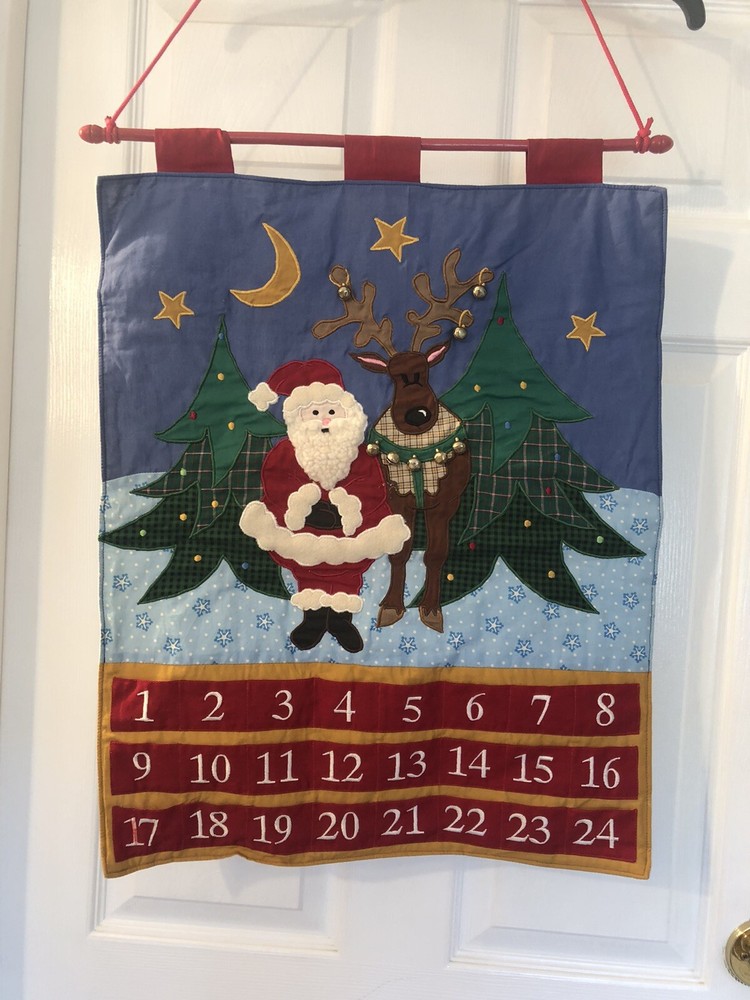 Vintage Advent Calendar Wall Hanging Christmas Santa Folk Art Reindeer