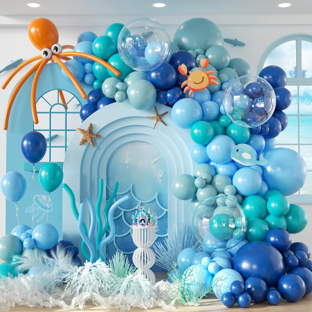 134pcs Under The Sea Balloons Garland Arch Kit with Blue Teal Dusty Blue Oran...