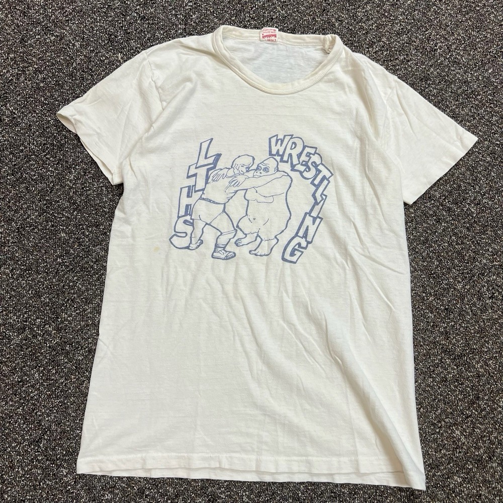 True Vintage 1950s/60s Waterprint Tee Shirt White Healthknit Wrestling Gorilla L