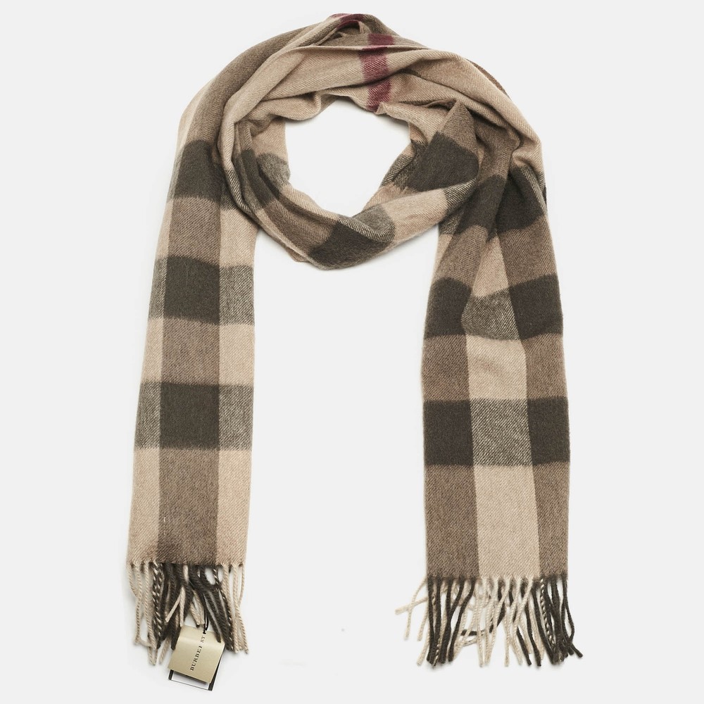 Burberry Smocked Brown Half Mega Check Cashmere Scarf