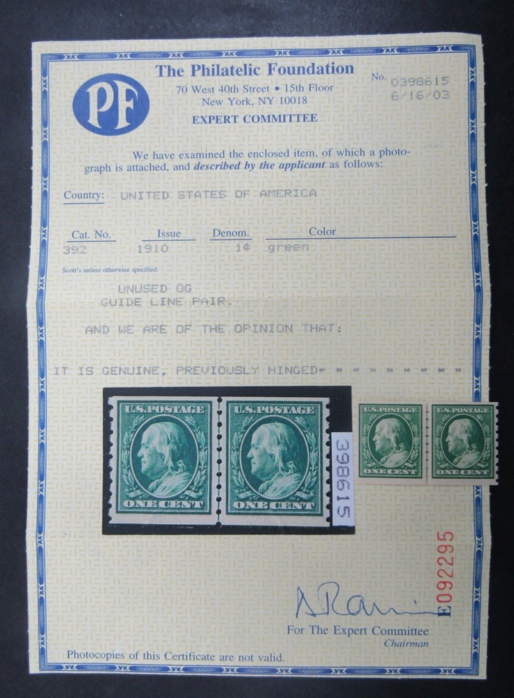 nystamps US Franklin Stamp # 392 Mint OG H $200 PF Cert Line Pair      Y15x2276