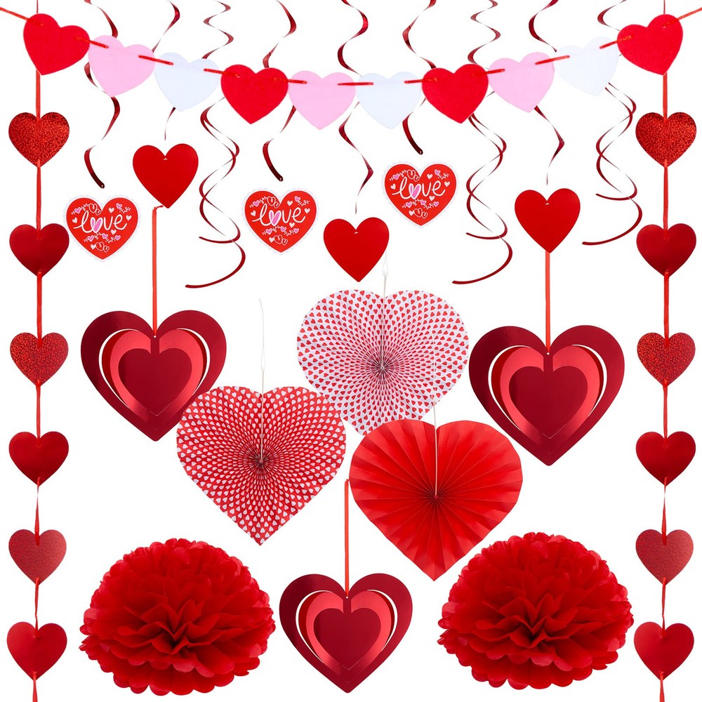 Valentines Day Heart Paper Kit Party Decorations, Red Heart Swirl Hanging Dec...