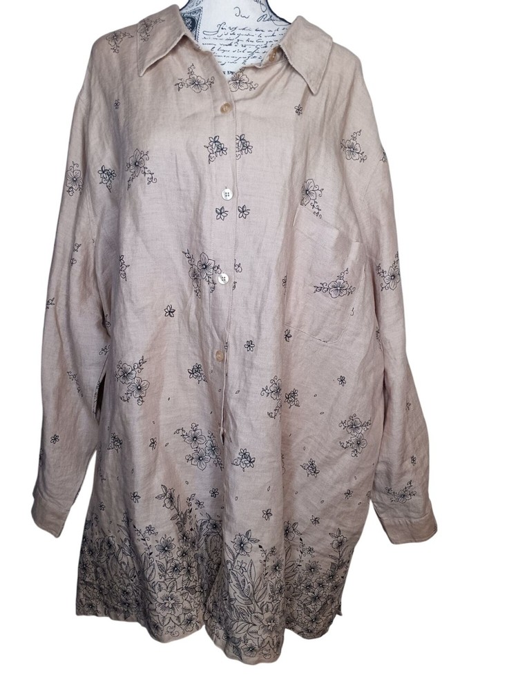 Bridgewater Studio 3X Linen Tunic Top Blouse, Beige Tan Flower Plus Button Front