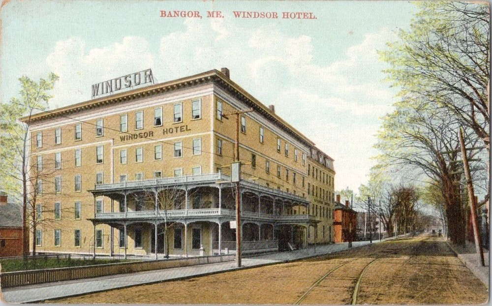 Bangor Maine Windsor Hotel Train Trolley Tracks c1910 Antique Postcard