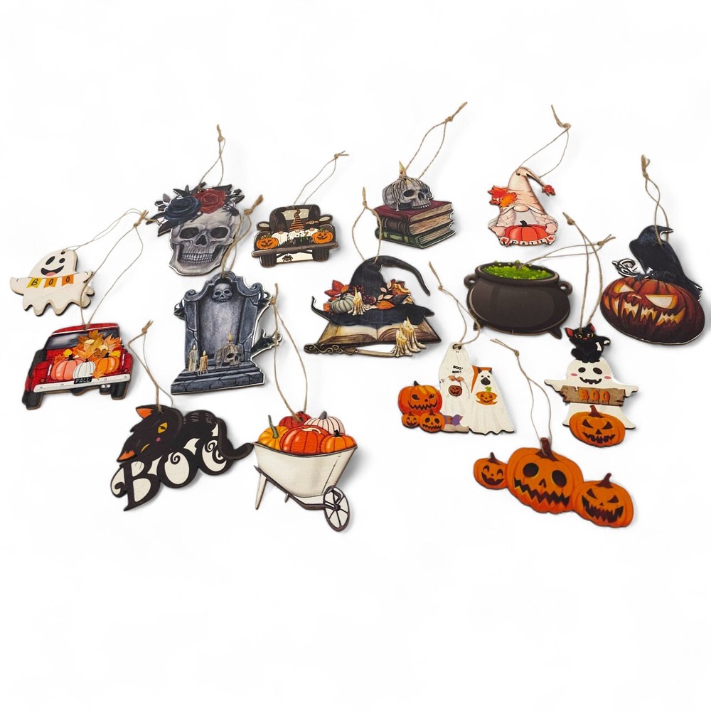 15pc Wooden Halloween Tree Ornaments Vintage Spooky Pumpkin Ghost Hanging Decor