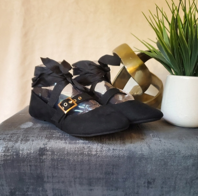 New Bamboo Cantel Black Ballet Flat Shoes Ribbon Lace Tie Ankle Shoes Size 8.5