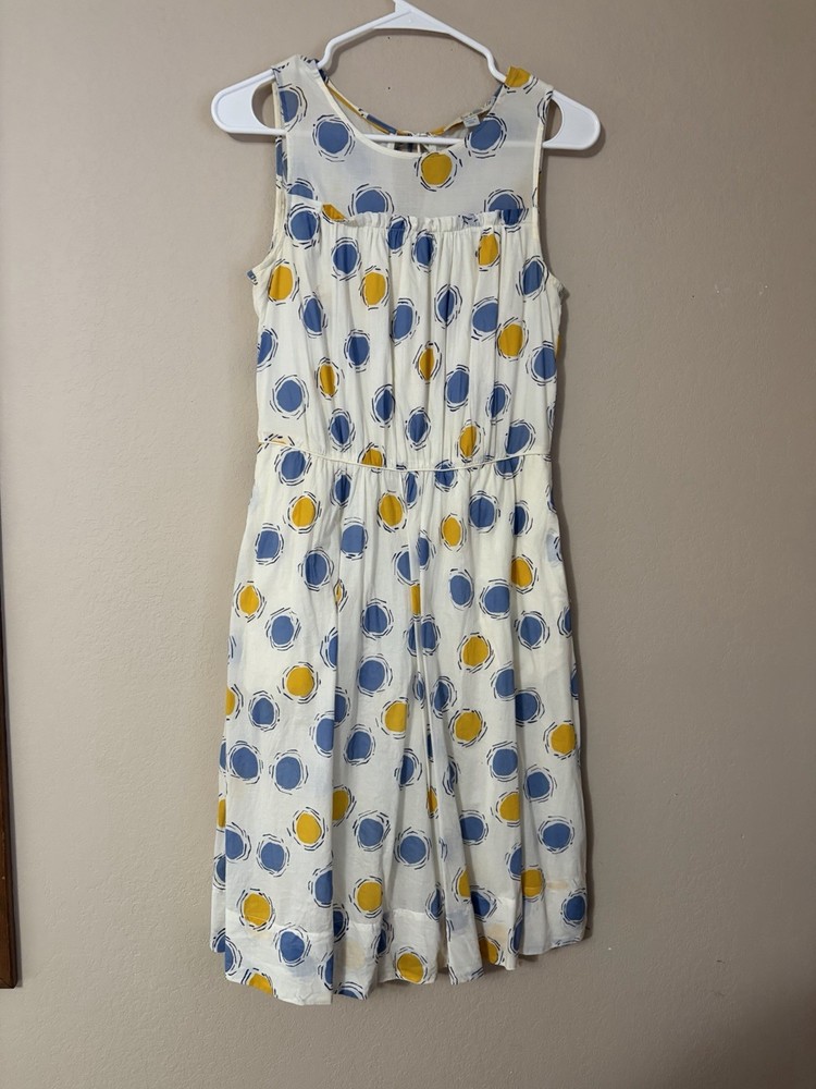 Women’s Boden Molly Summer Dress 100% Cotton Size 4 Yellow And Blue Polka Dots