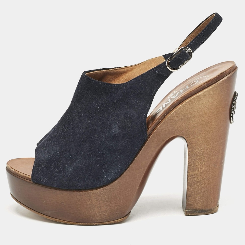 Chanel Navy Blue Suede Slingback Clogs Size 38
