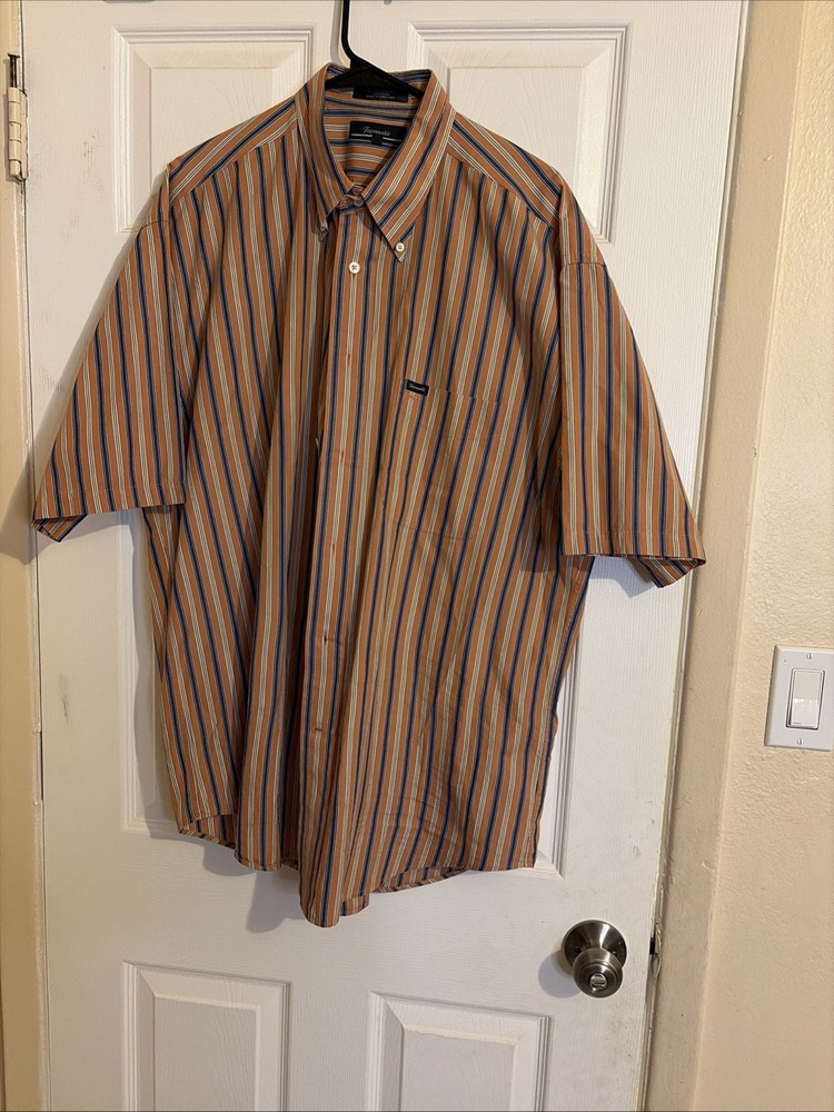 Vintage Faconnable Men's Short Sleeve Button Down Shirt Orange Blue Striped XL