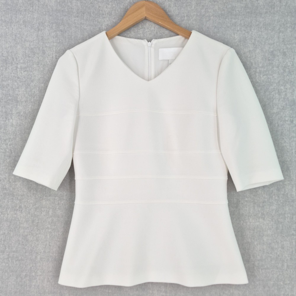 Hugo Boss Lopela Minimalist Luxury Peplum Blouse Women 4 White V Neck 1/2 Sleeve
