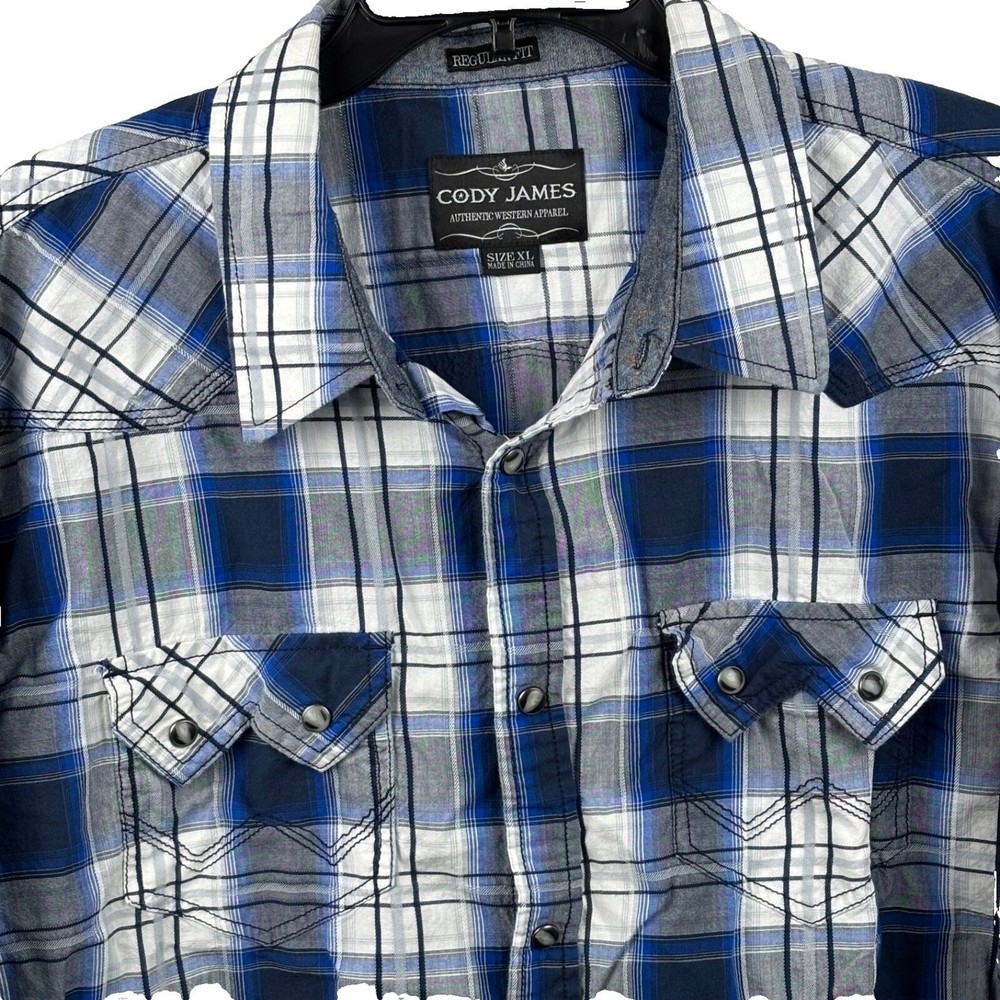 CODY JAMES Men’s XL Harvest Plaid Long sleeve snap western shirt blue white