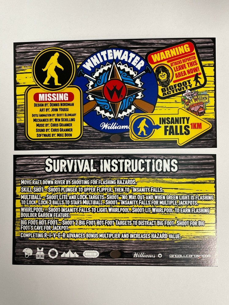 Whitewater Williams Pinball Apron Instruction Cards