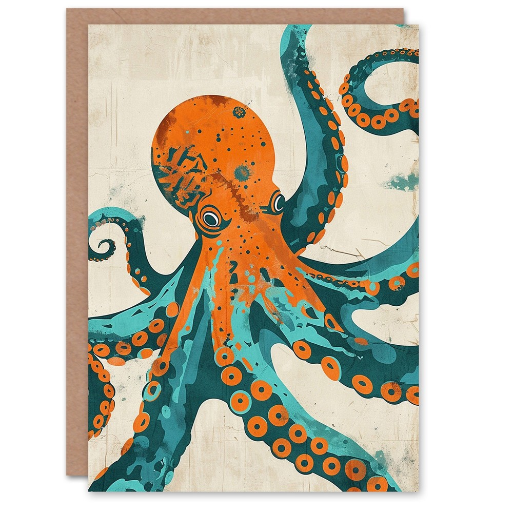 Octopus Modern Turquoise Orange Teal Design Birthday Card