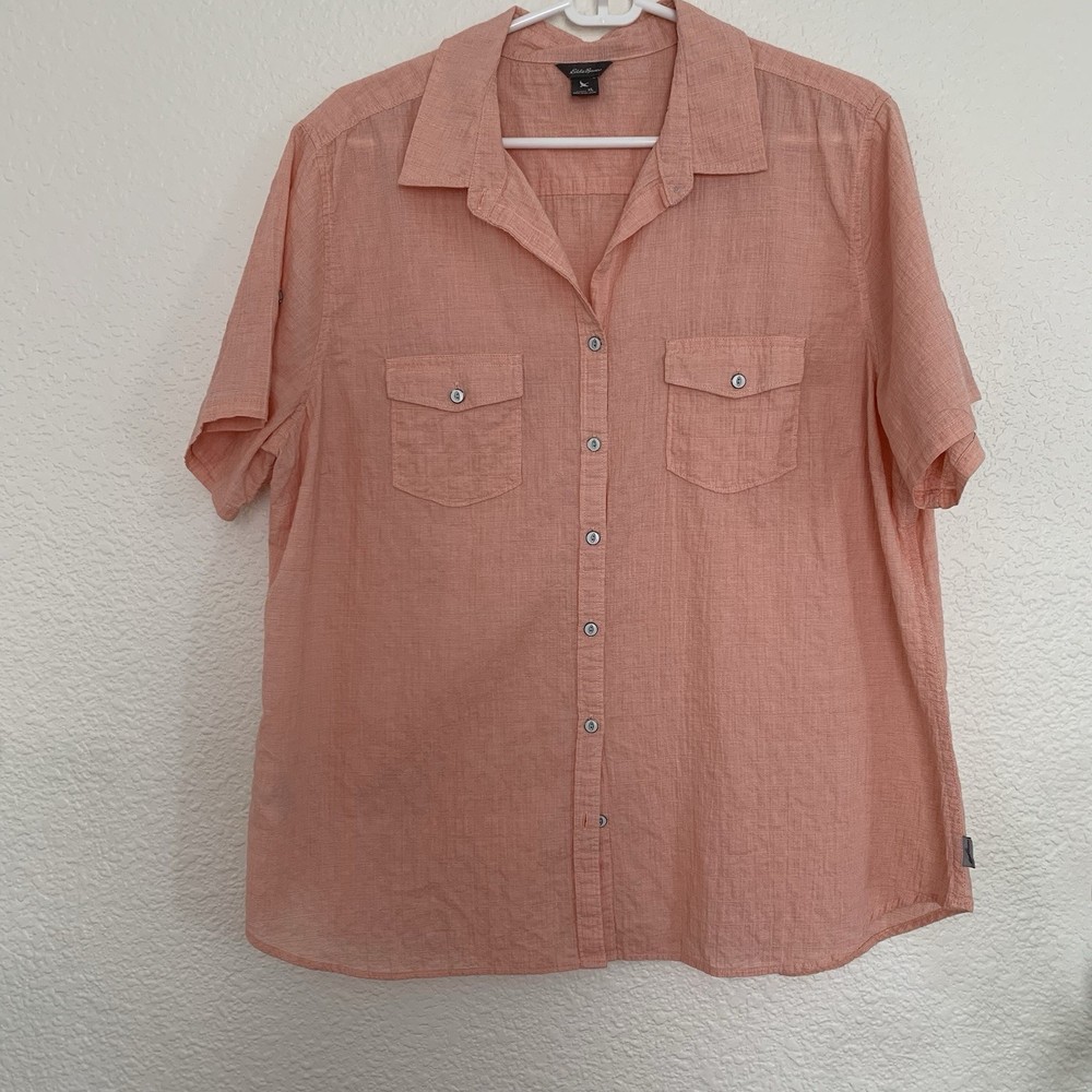 Eddie Bauer Women's Peach Collared Button-Up Short Sleeve Shirt XL