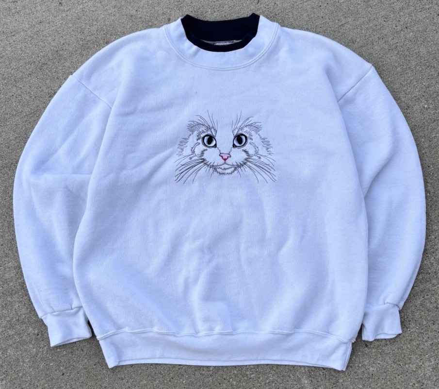 Vintage 90s Cat Sweatshirt Tagged XL White Embroidered Cat Crewneck Made In USA